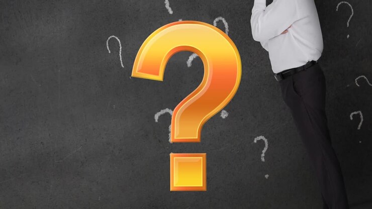 Animation of question marks over diverse caucasian businessman