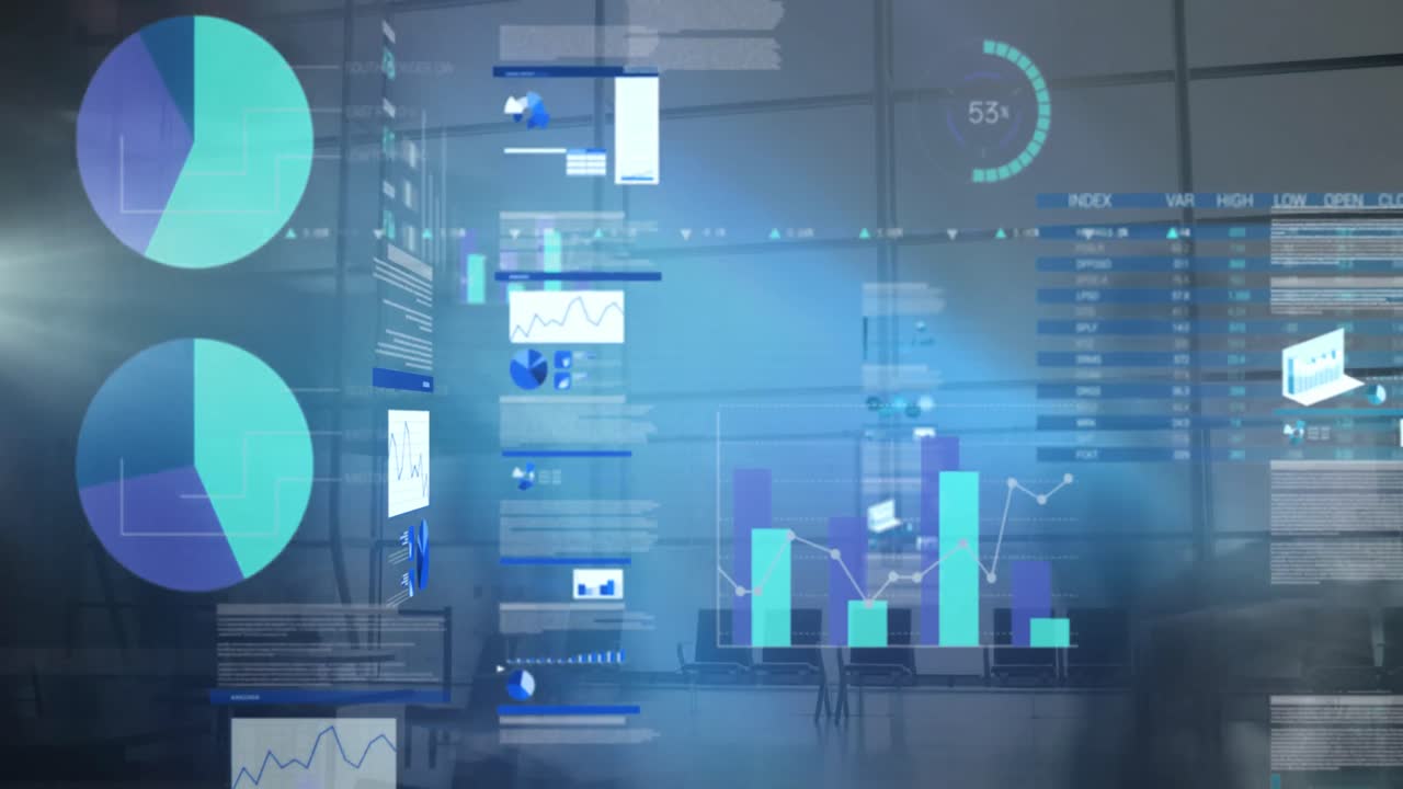 Animation of statistics and financial data processing over busy office