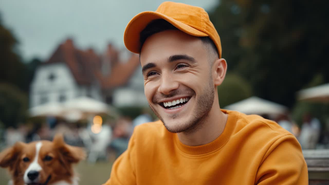 A Joyful Moment Captured: A Young Man in an Orange Cap and Sweater Smiling Happily with His Dog While Enjoying a Relaxing Day Outdoors
