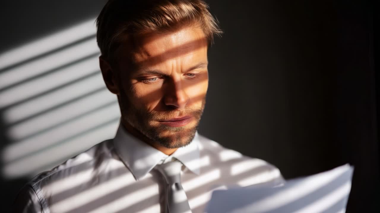 A man with striking blue eyes stands in a dimly lit room, illuminated by shadows cast from blinds as he intently reads a document, showcasing focus and concentration in a dramatic lighting setup