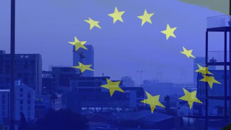 Animation-Der-Flagge-Der-Europäischen-Union-über-Dem-Modernen-Stadtbild