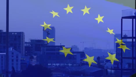 animation of flag of european union over modern cityscape