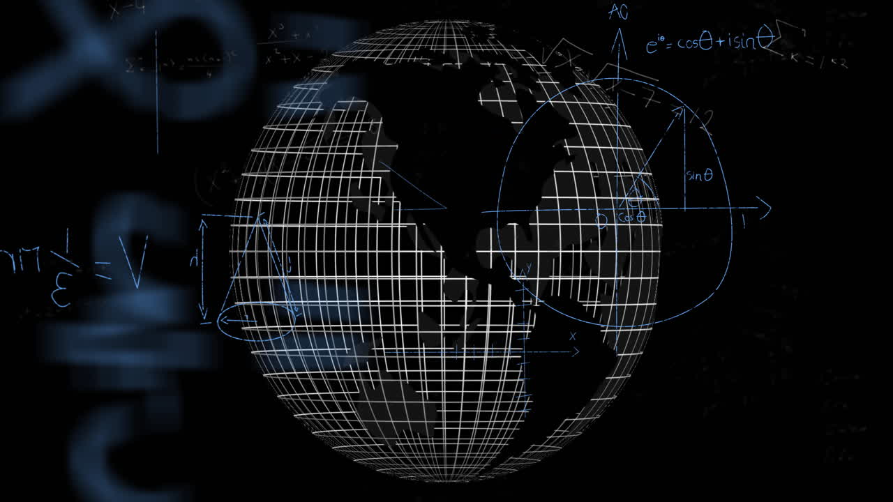 Animation of mathematical data processing over globe on black background