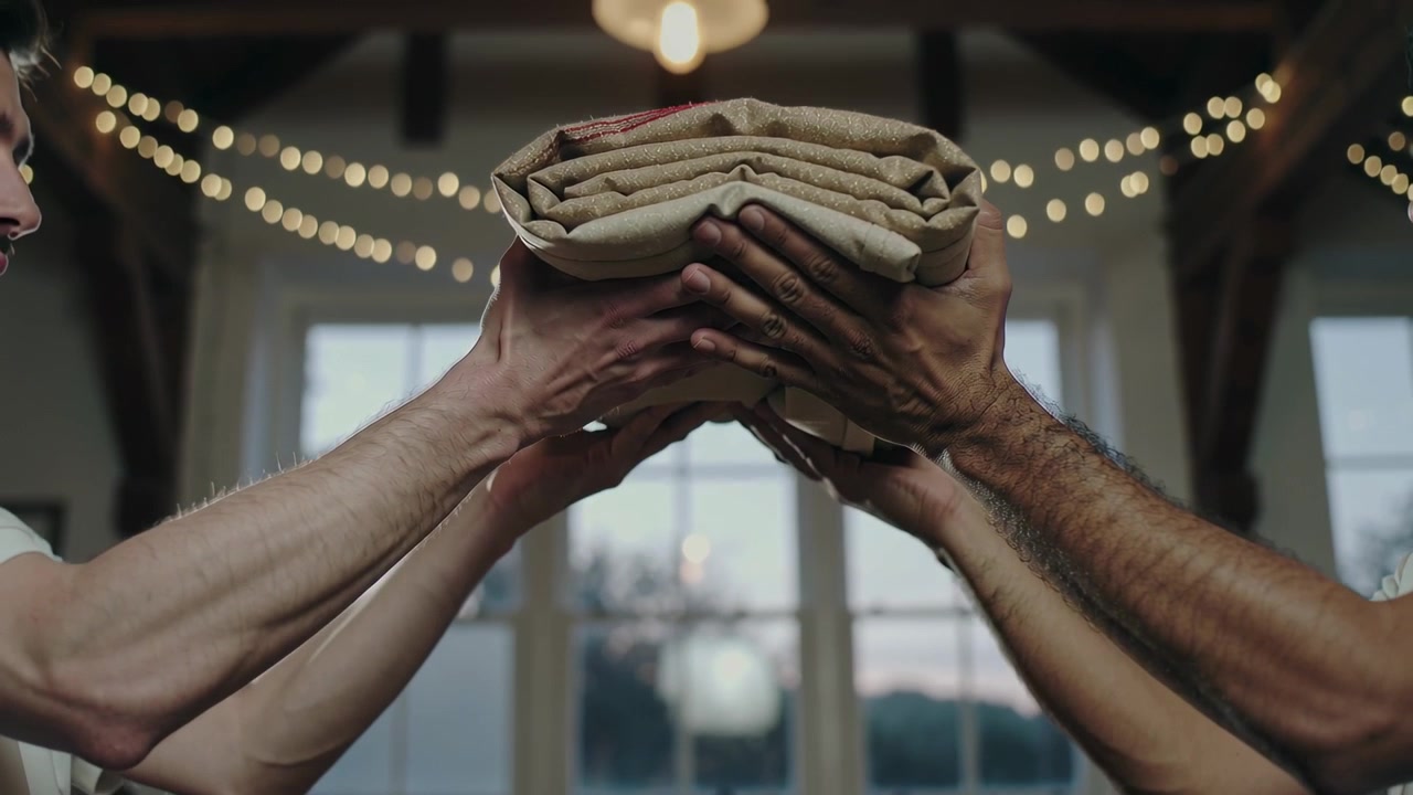 Passing blanket, two men joining hands and lifting to steady bundle in hall, wearing short sleeves