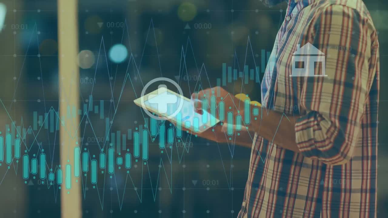 animación de procesamiento de datos estadísticos sobre hombre pensativo usando tableta digital en la oficina.