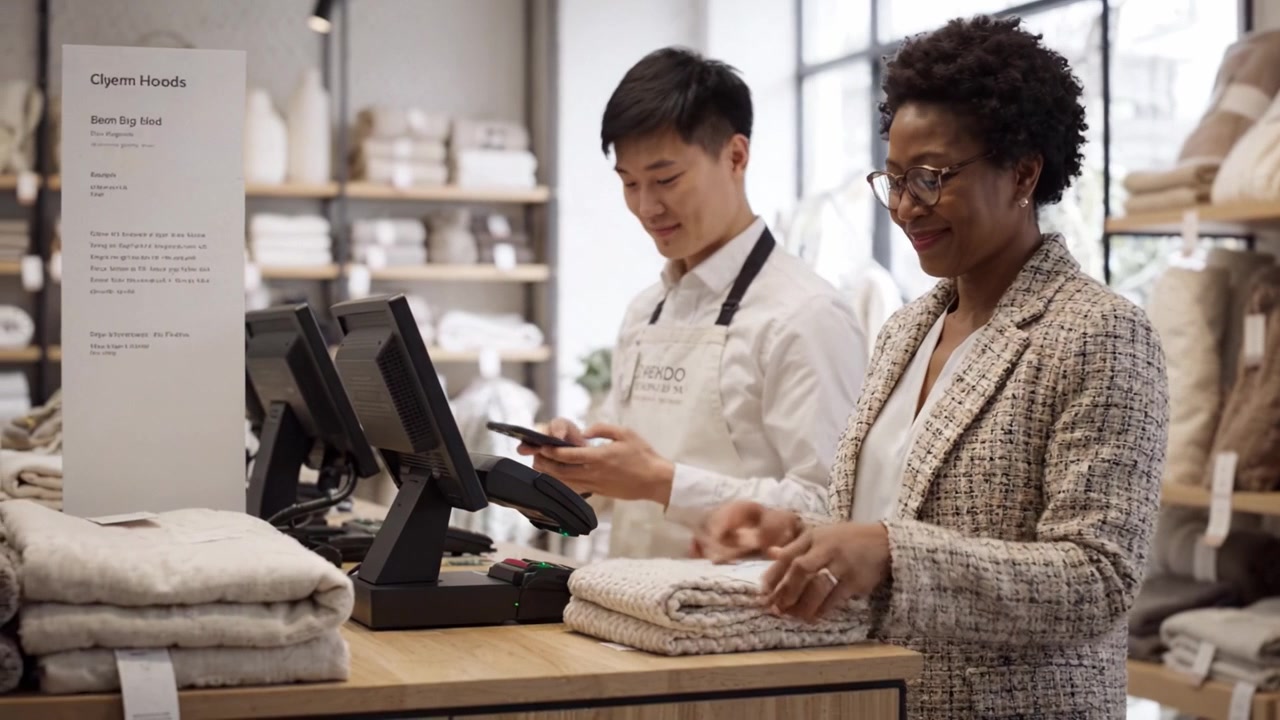 Engaging Shopping Experience: A Customer and Sales Associate Interact at the Checkout Counter in a Modern Retail Store with Cozy Textiles on Display