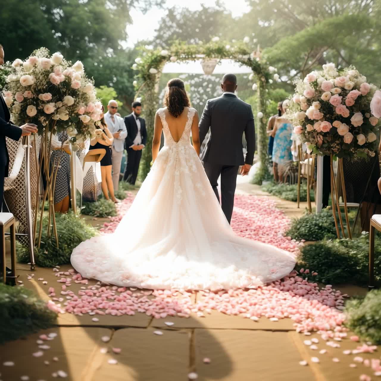 Un fermo immagine video cinematografico e romantico di una coppia che percorre una navata fiancheggiata da fiori