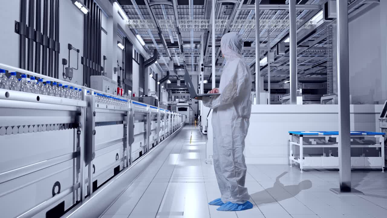 Full Body Side View Of Asian Male Scientist Typing On A Laptop And Looking Around In Water Factory, Water Bottles on Production Line
