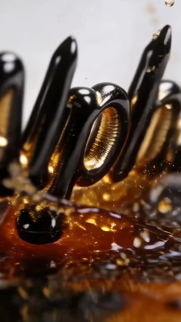 Vidéo verticale : Liquide ambré versé frappant des lettres noires dans un bassin de studio, formant des gouttes et recouvrant