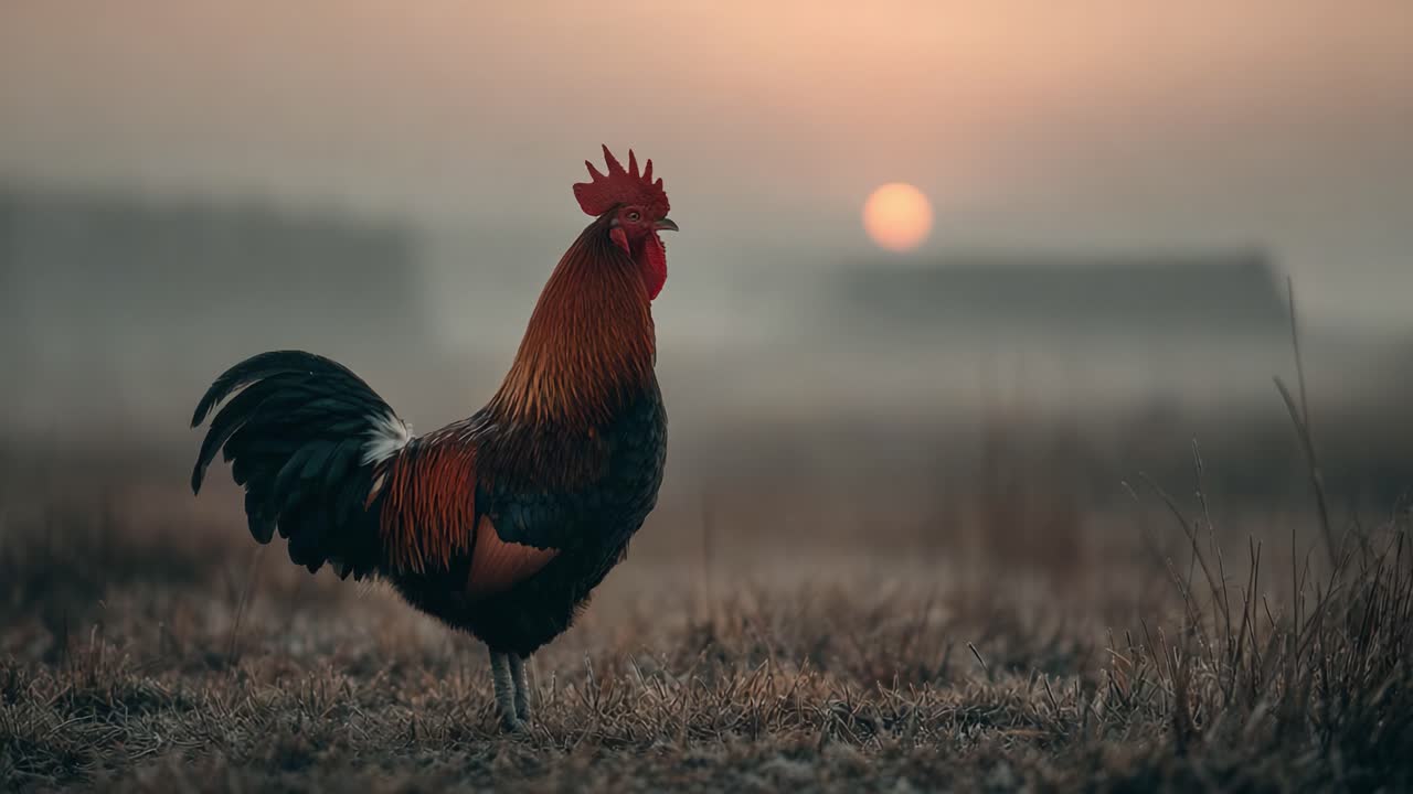 A Majestic Rooster Stands Proudly in the Early Morning Fog, Silhouetted Against a Rising Sun, Capturing the Beauty of Nature's Dawn