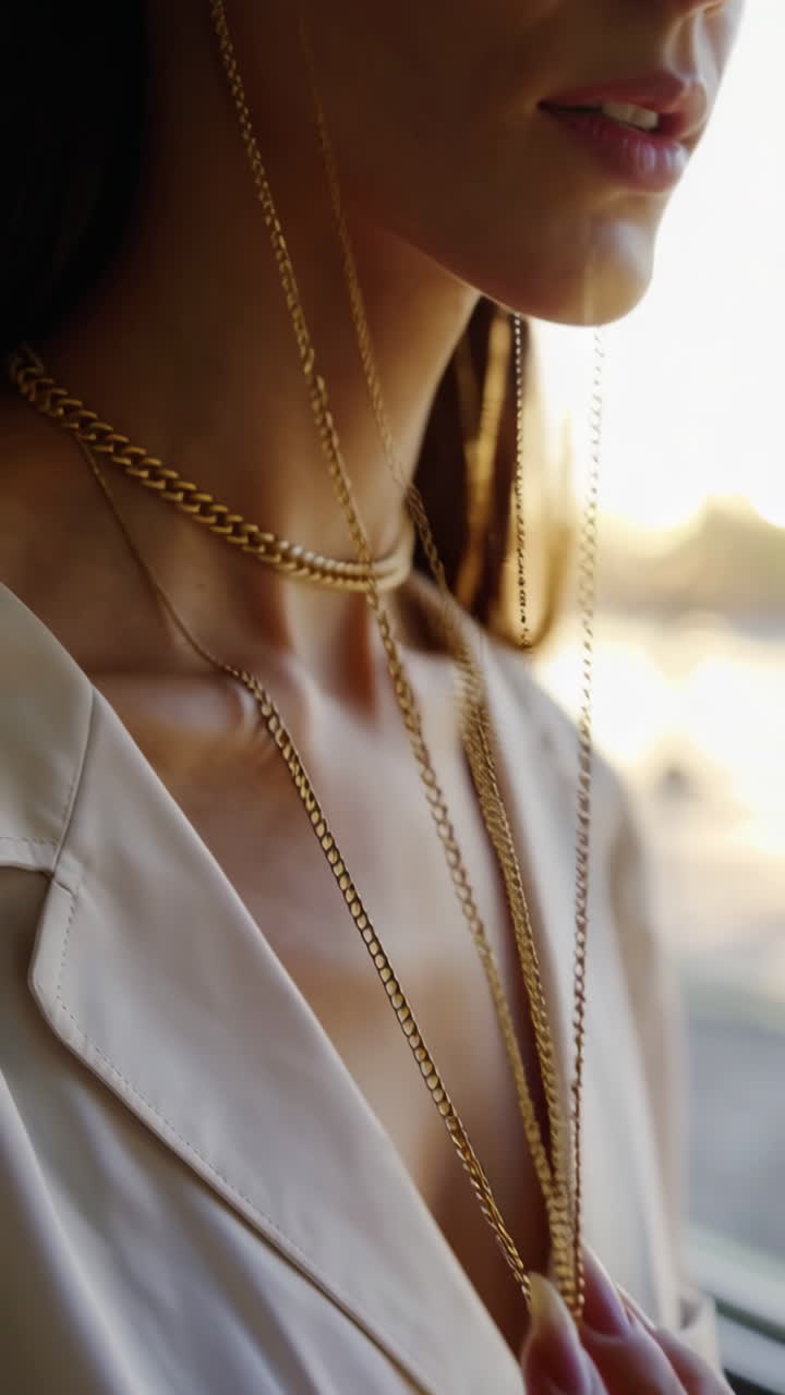Close-up of a person's hand and neck adorned with elegant gold chains and rings in warm light