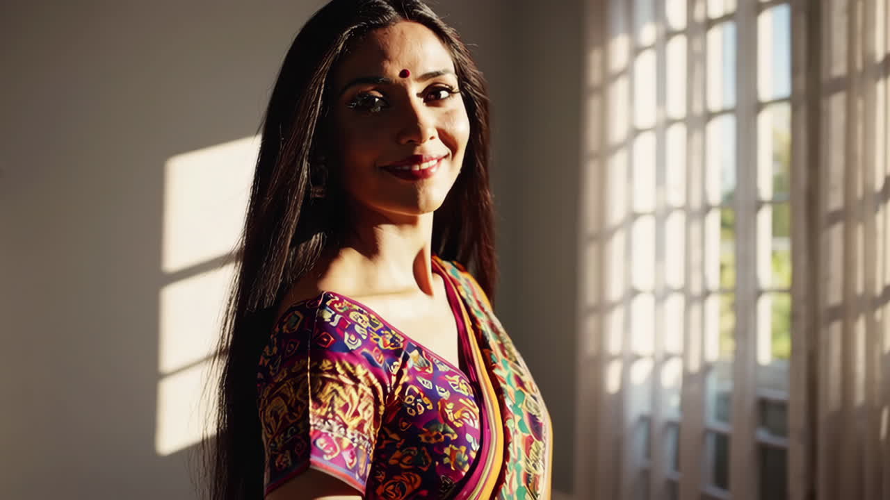 Portrait of an Indian Woman in a Traditional Sari Bathed in Sunlight