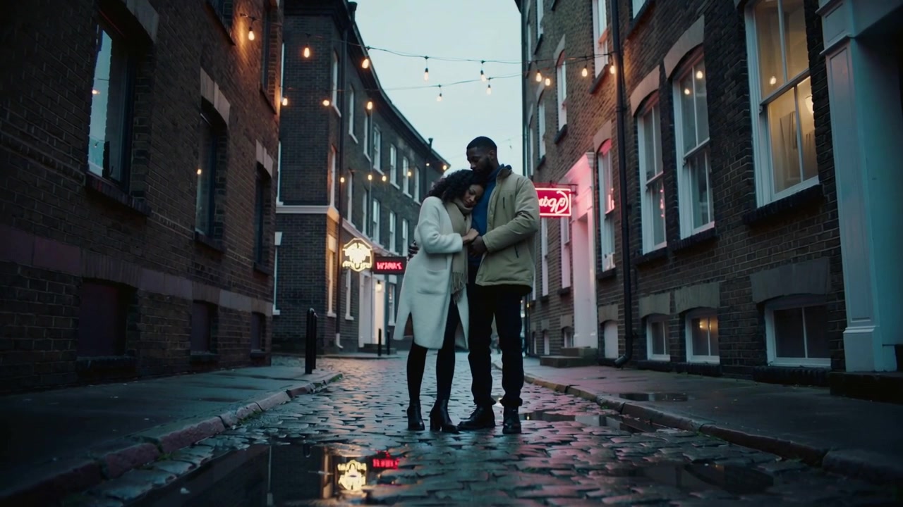 Leaning couple drawing closer with dusk falling on cobblestone street, seeking comfort