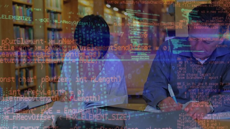 Animation of data processing and light trails over diverse teachers in library