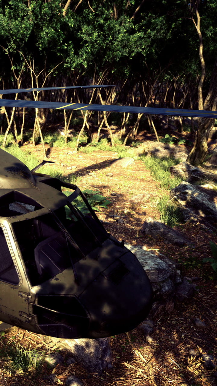Helicopter on the ground in a forest area surrounded by trees