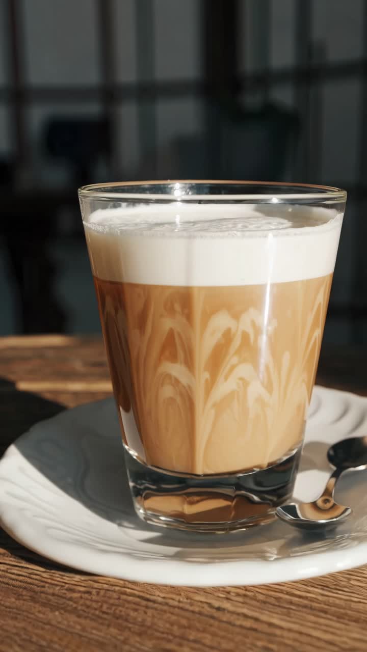 Close-up of a latte in a glass on a sunny table, showcasing intricate foam patterns