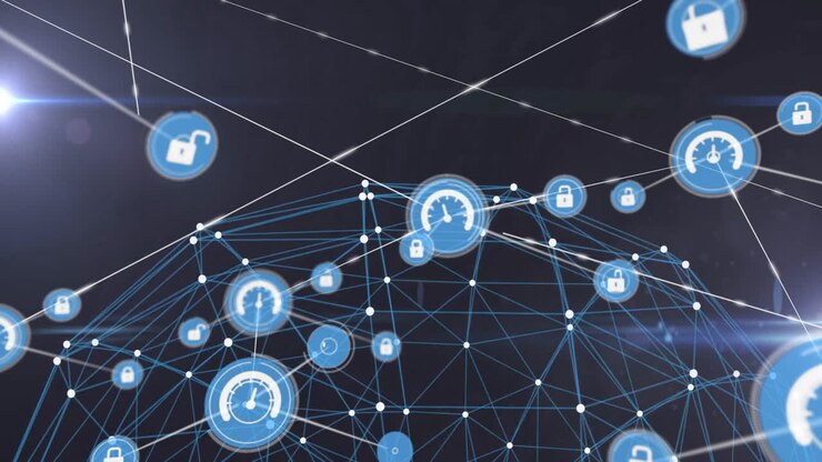 Animation of digital security with lock and speed icons in network connections