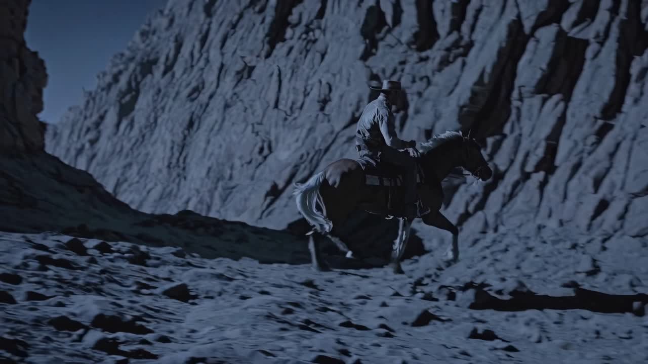 Cowboy Riding Horse at Night in the Desert
