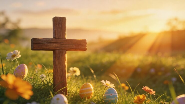 Worn wooden cross standing in Easter meadow, sun rising and sunbeams saturating color on eggs