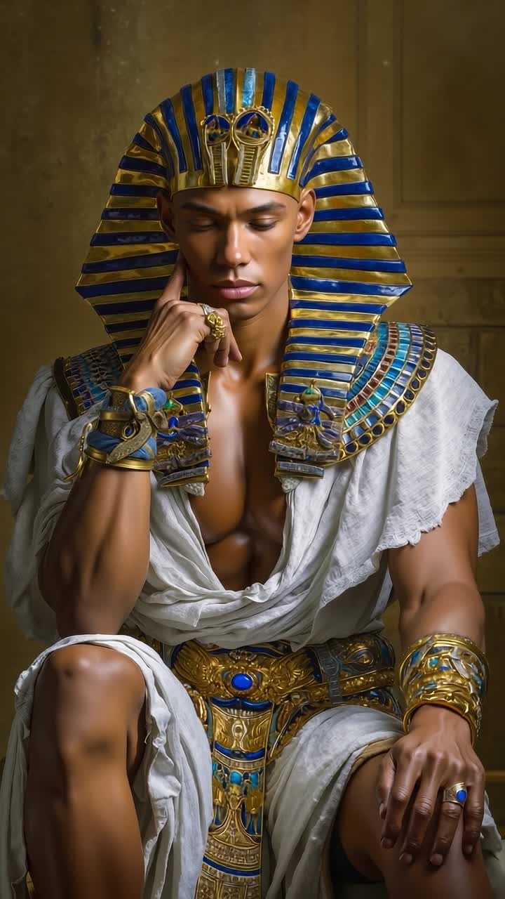 A man dressed as an ancient egyptian pharaoh sitting on a throne
