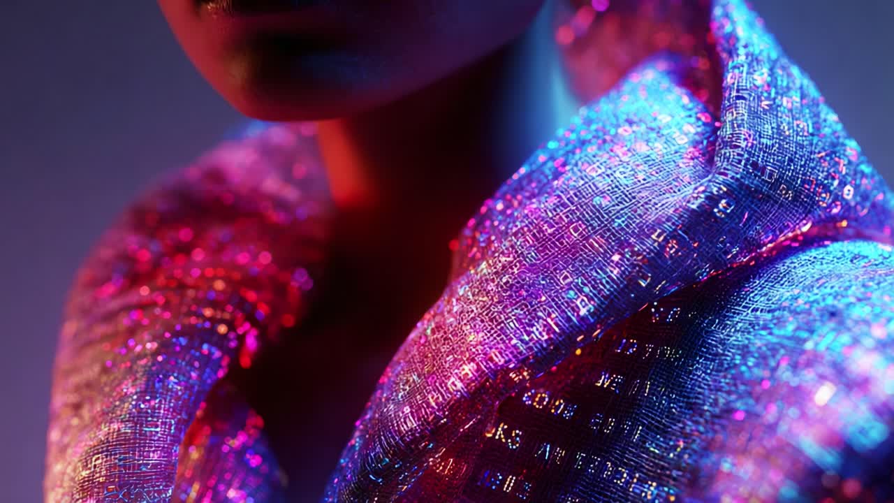 A close-up view of an individual adorned in a shimmering, holographic garment, blending technology and fashion in vibrant colors reflecting artistry and elegance