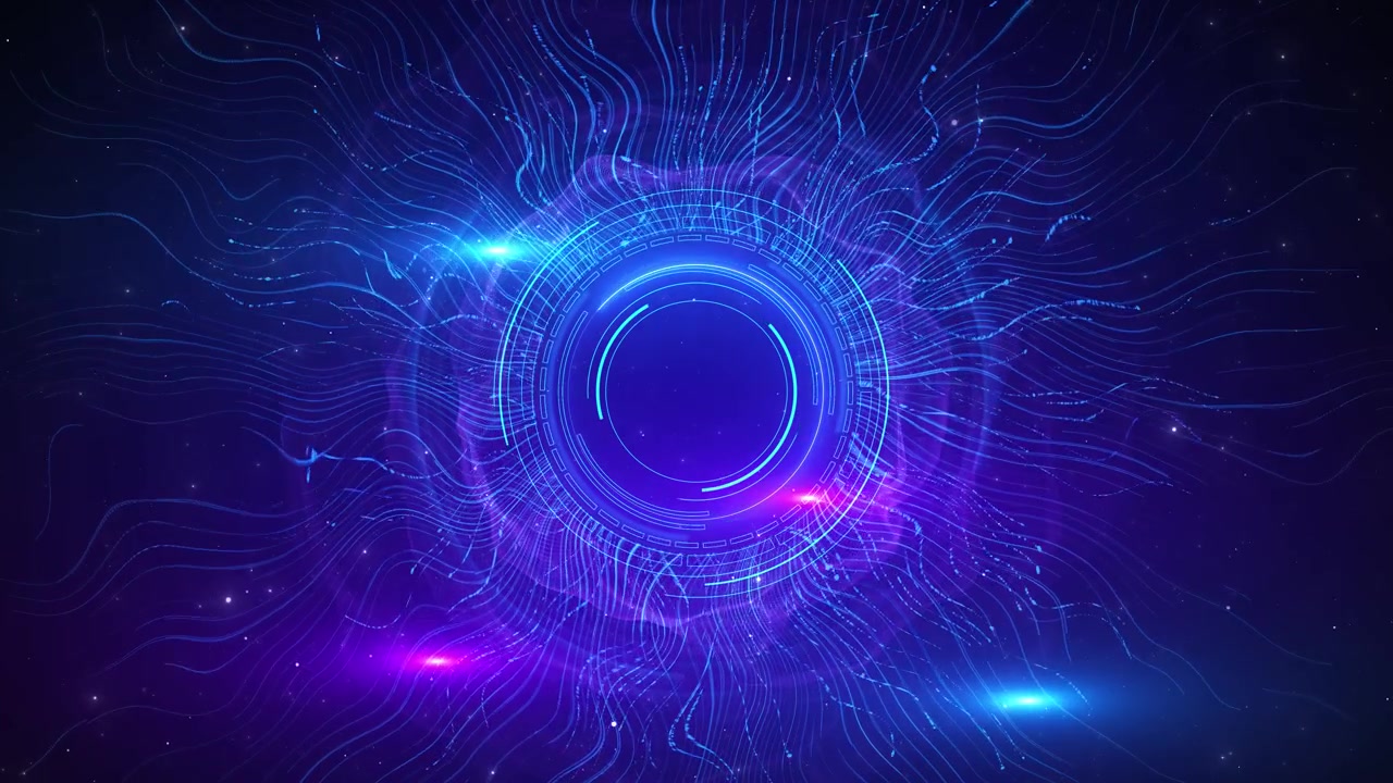 Blue purple energy ring with glowing circular hud flowing electric lines and dark cosmic space