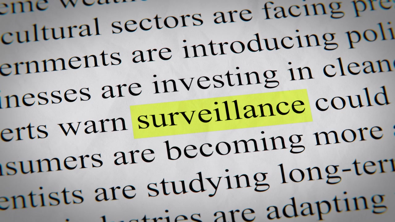 Minimal cinematic editorial surveillance text animation designed for documentary, economic, technology, and news-related storytelling.
