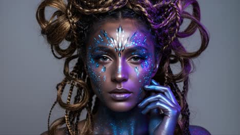 a mesmerizing transformation showcasing a stunning model adorned with vibrant body paint and elaborate hairstyles, blending elements of fantasy and artistry in a captivating display