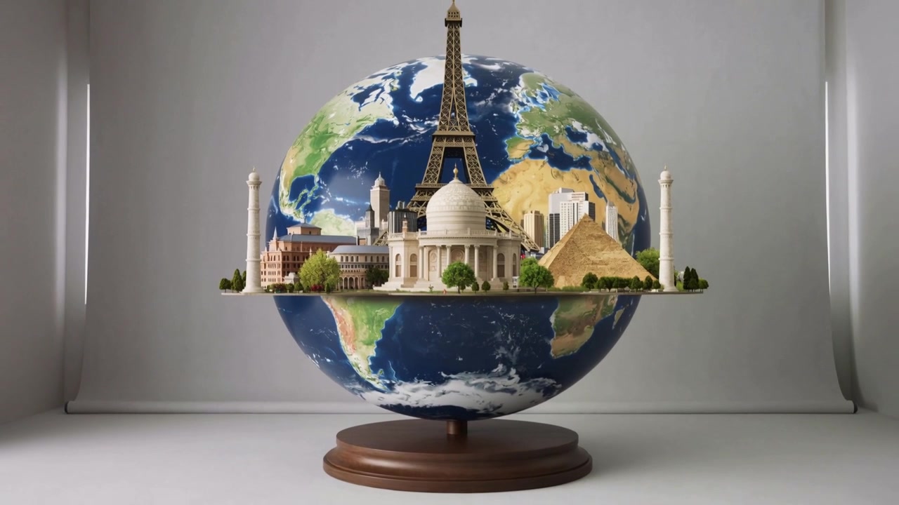 Quả địa cầu trang trí đang xoay với vòng xích đạo, hiển thị Tháp Eiffel, kim tự tháp, đền thờ mái vòm trên bàn làm việc trong studio.