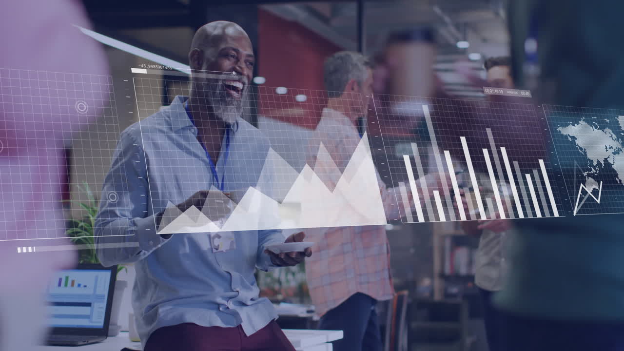 Business data charts animation over diverse professionals collaborating in modern office