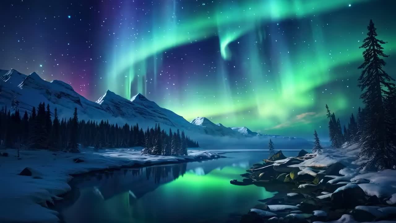 A mesmerizing video of the Northern Lights over snowy mountains and a reflective lake