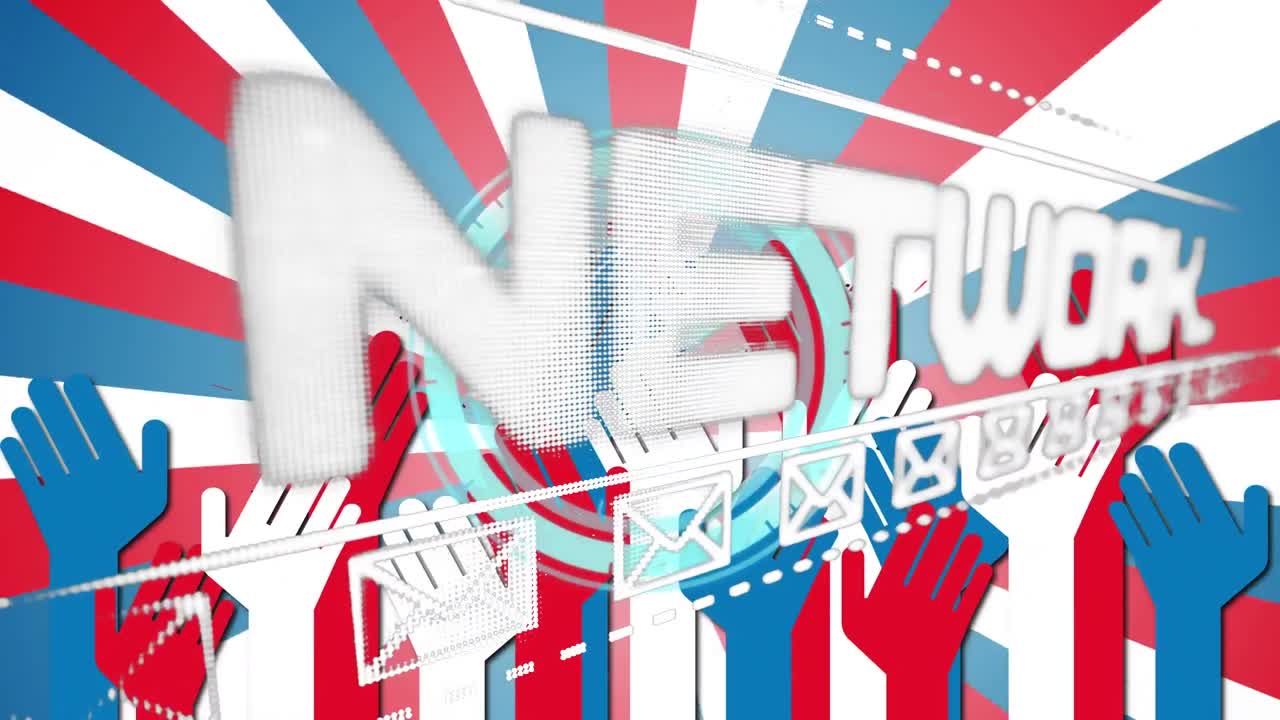 텍스트 소셜 네트워크의 애니메이션, 그리고 미국 국기 색상의 손과 줄무 ⁇  위의 이메일 아이콘
