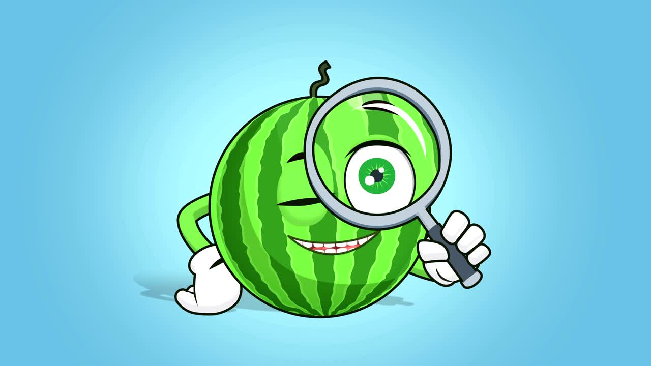 animación de la cara de la sandía de dibujos animados a través de una lupa con luma matte