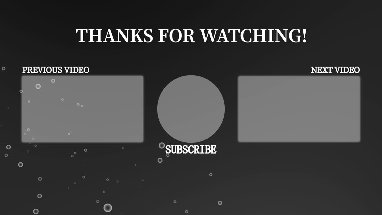Motion graphics per schermata finale con particelle a bolle sfumate.