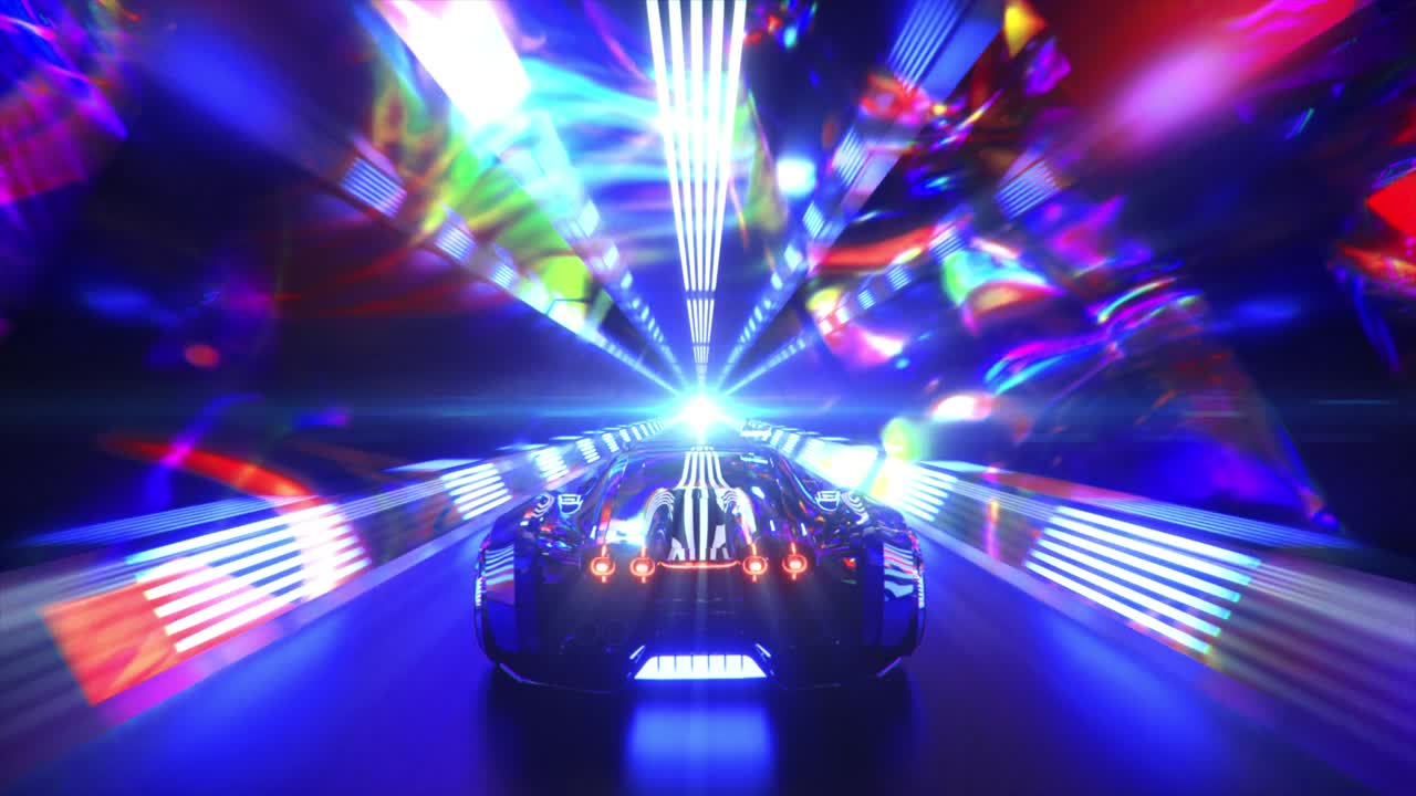 네온 터널에서 미래의 자동차