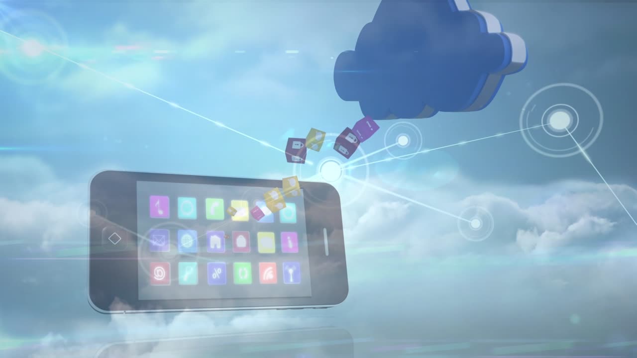曇り空を背景に、アイコン付きのスマートフォンとデジタルクラウド、その上に接続のアニメーション