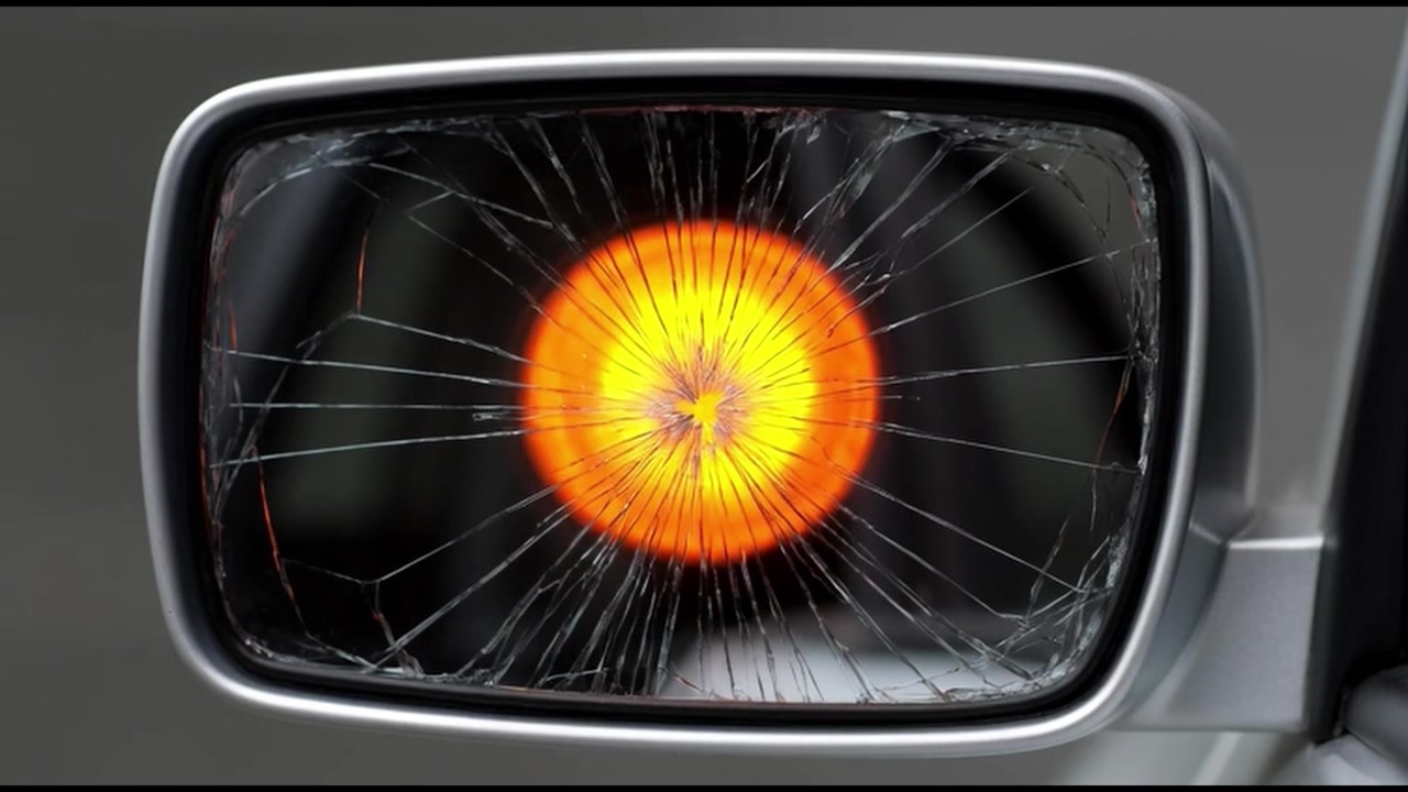 Blinkendes orangefarbenes Warnlicht spiegelt sich in einem kaputten Außenspiegel des Autos