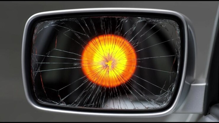 Blinkende orange advarselslys reflekteret i knust bilsidespejl