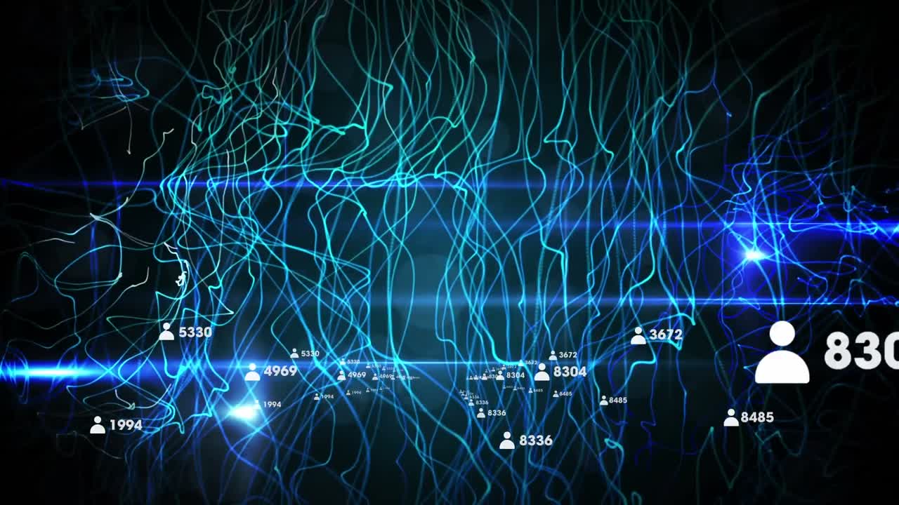 animation von mediensymbolen und lichtspuren auf schwarzem hintergrund
