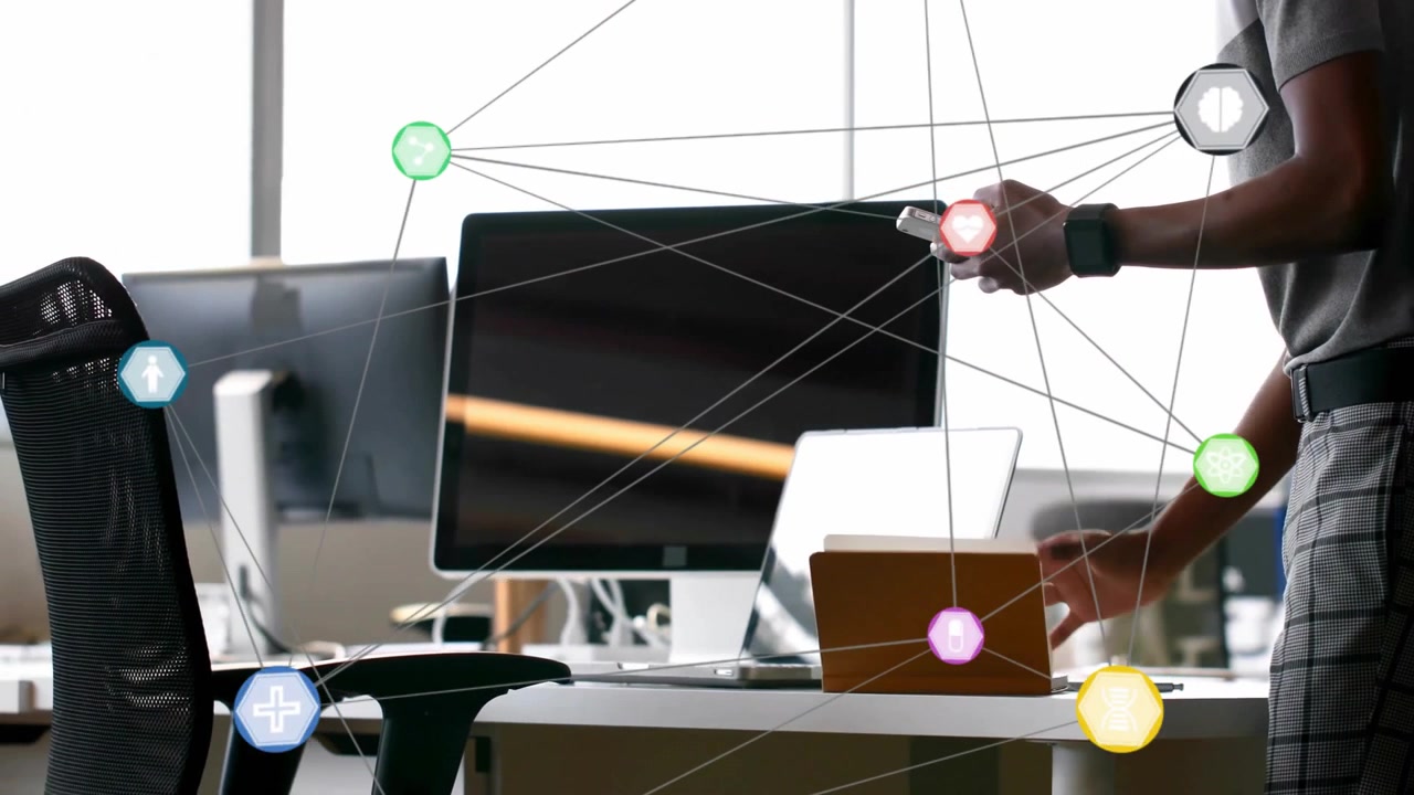 Office worker tapping smartphone and lifting tablet in workspace, animating network linking devices