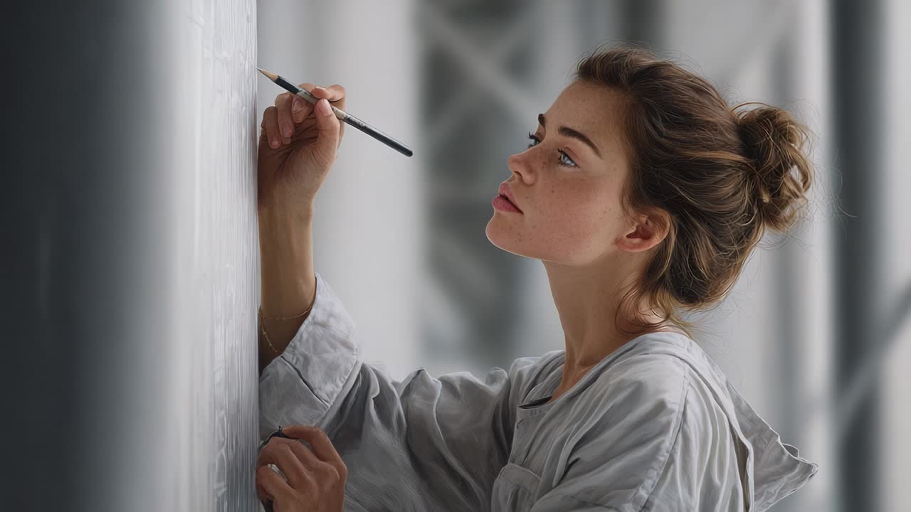 Uma mulher desenhando com um lápis