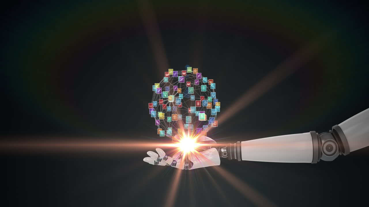 어두운 배경에 움직이는 빛으로 로 ⁇  팔의 손 위에 미디어 아이콘 네트워크의 애니메이션