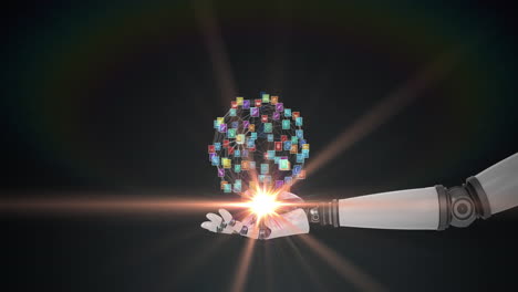 animación de una red de iconos de medios sobre la mano del brazo del robot, con luz en movimiento sobre un fondo oscuro