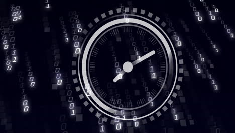 animation of moving clock over data processing on black background