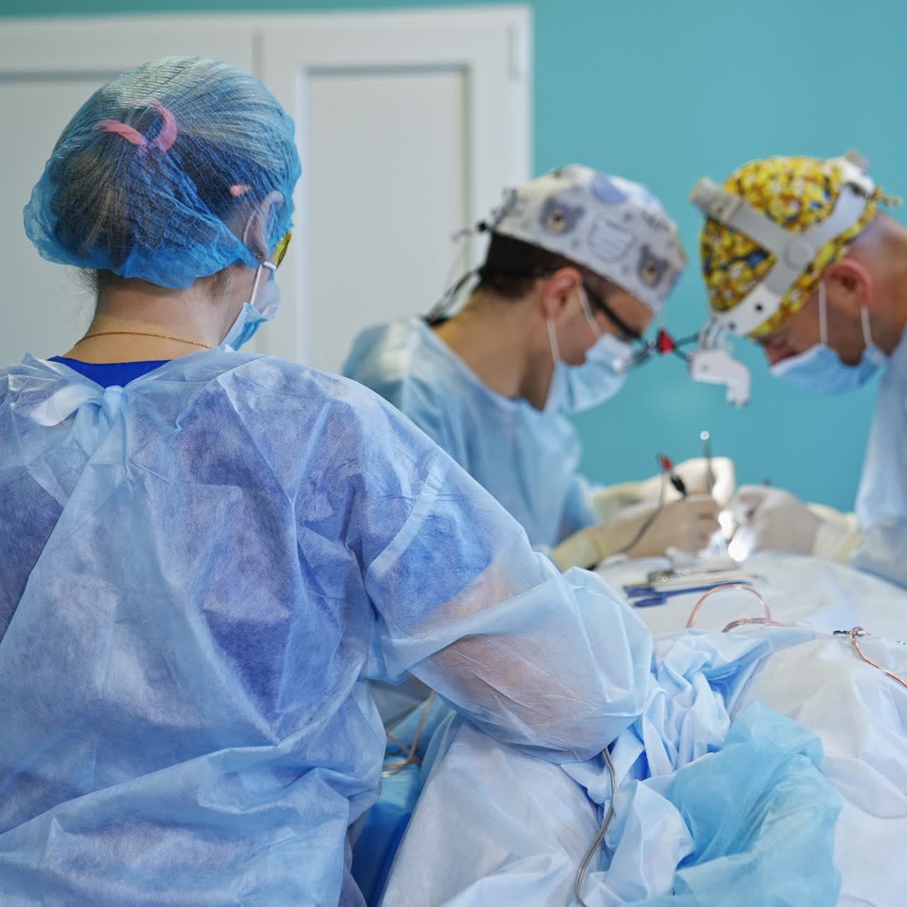 Female nurse standing her back to the camera watching the work of two cooperating surgeons. Doctors with flashlight devices on their heads applying modern electric instruments and devices