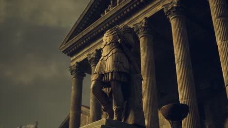 detailed sculpture of a strong figure in front of ancient architecture