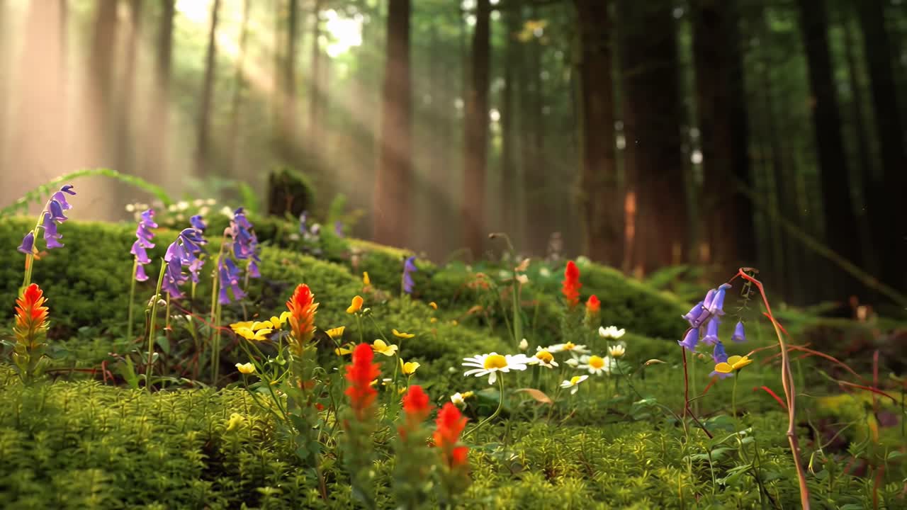 Low-angle video shot of a sunlit forest floor with vibrant wildflowers and towering trees