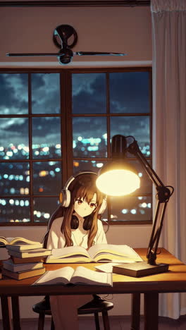 anime girl studying at night