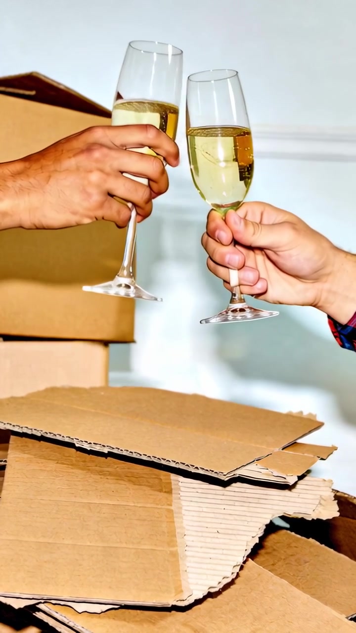 Vertical video: Clinking two hands holding flutes marking move among boxes, cuffed right