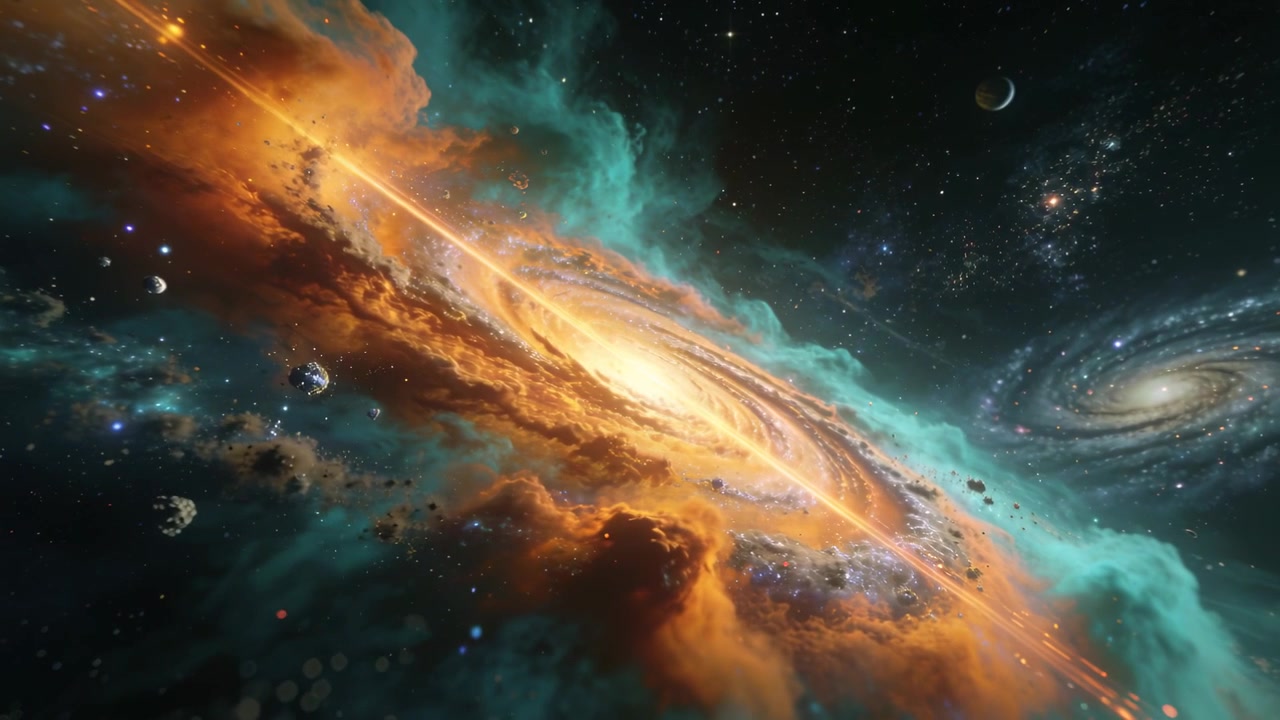 Telecamera che si sposta avvicinando un disco spirale luminoso e inclinato nello spazio profondo, rivelando un getto